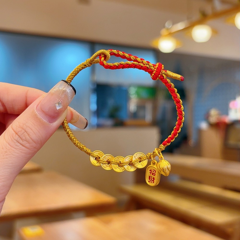 黄金色五帝币手链女编绳款招财纳福吉祥如意莲蓬花苞提溜复古手链