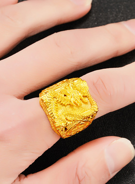霸气铜镀真金沙金开口腾龙男戒 简约仿黄金龙头戒指男款