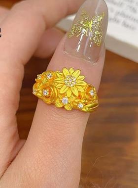 金店同款古法沙金点钻繁花锦簇戒指小雏菊指环宫廷复古送女友手镯