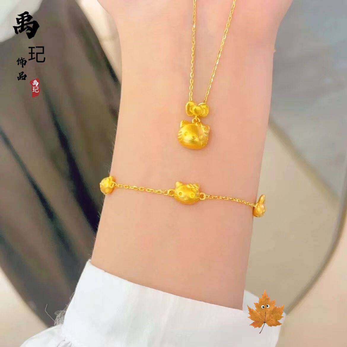 金店同款古法沙金可爱凯蒂猫蝴蝶结项链女时尚百搭锁骨链吊牌手链