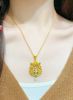 金店同款古法沙金镂空如沐爱河古琴吊坠项链流苏锁骨链送女友