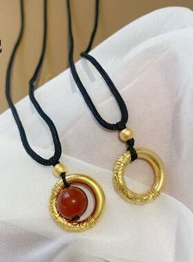 金店同款古法沙金相思豆吊坠 铜镀金祥云平安圈黑绳项链