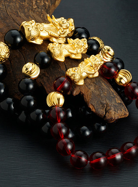 越南沙金貔貅手链男女国风黑石酒红仿黄金貔貅手串珠饰品配饰