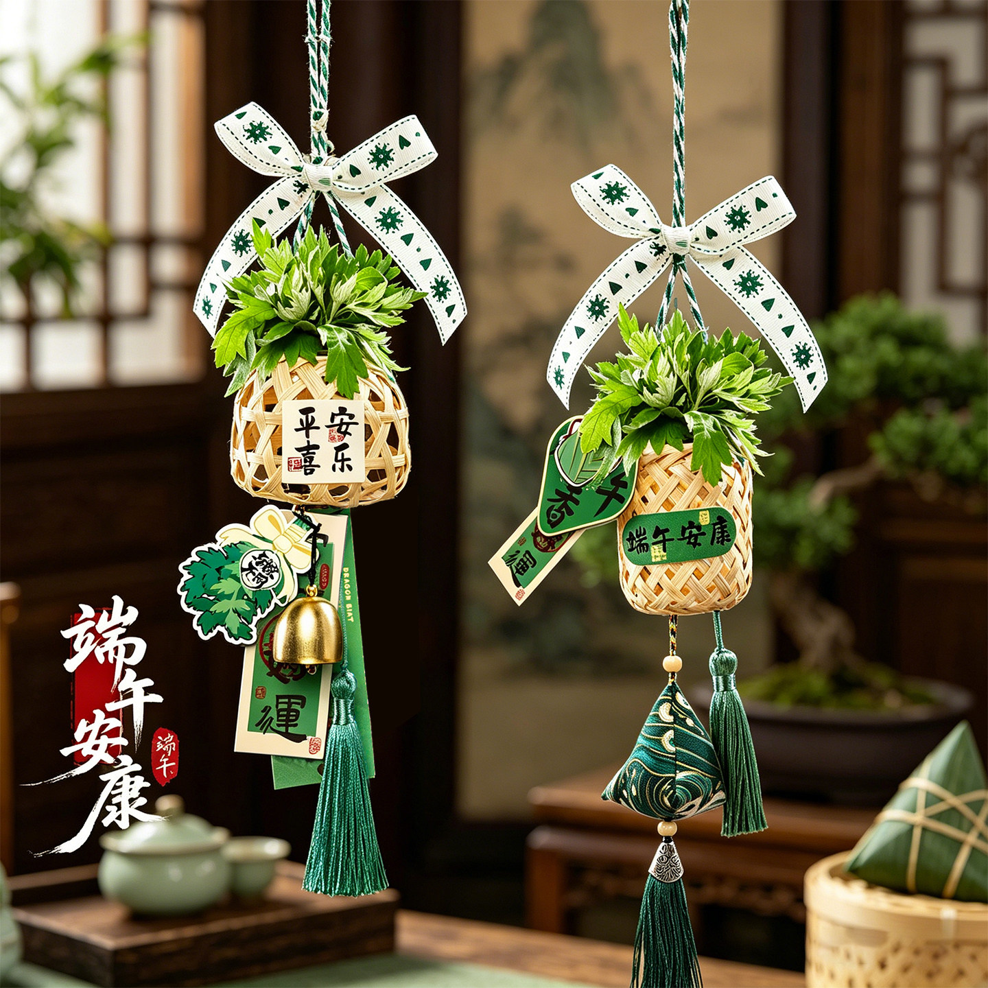 端午节挂件艾草竹篓门挂氛围布置装饰品手工diy材料香包艾叶挂饰
