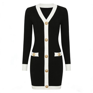 连衣裙 通勤气质网红拼色V领收腰针织长袖 2606高品质春秋新款 时尚