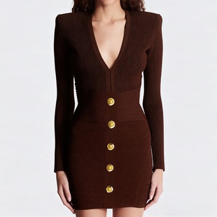 秋冬新款时尚女式长袖腰封修身显瘦包臀针织连衣裙简约大气裙子