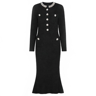 2659高品质春秋新款 显瘦钉钻连衣裙女 小香风针织网红流行修身