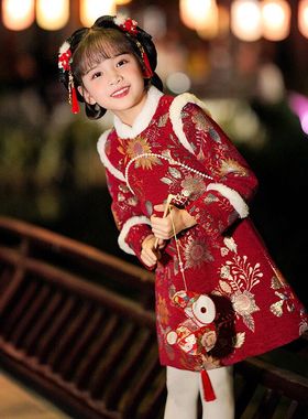 儿童拜年服2025新款唐装汉服冬季棉服加棉加厚元旦新年喜庆旗袍裙