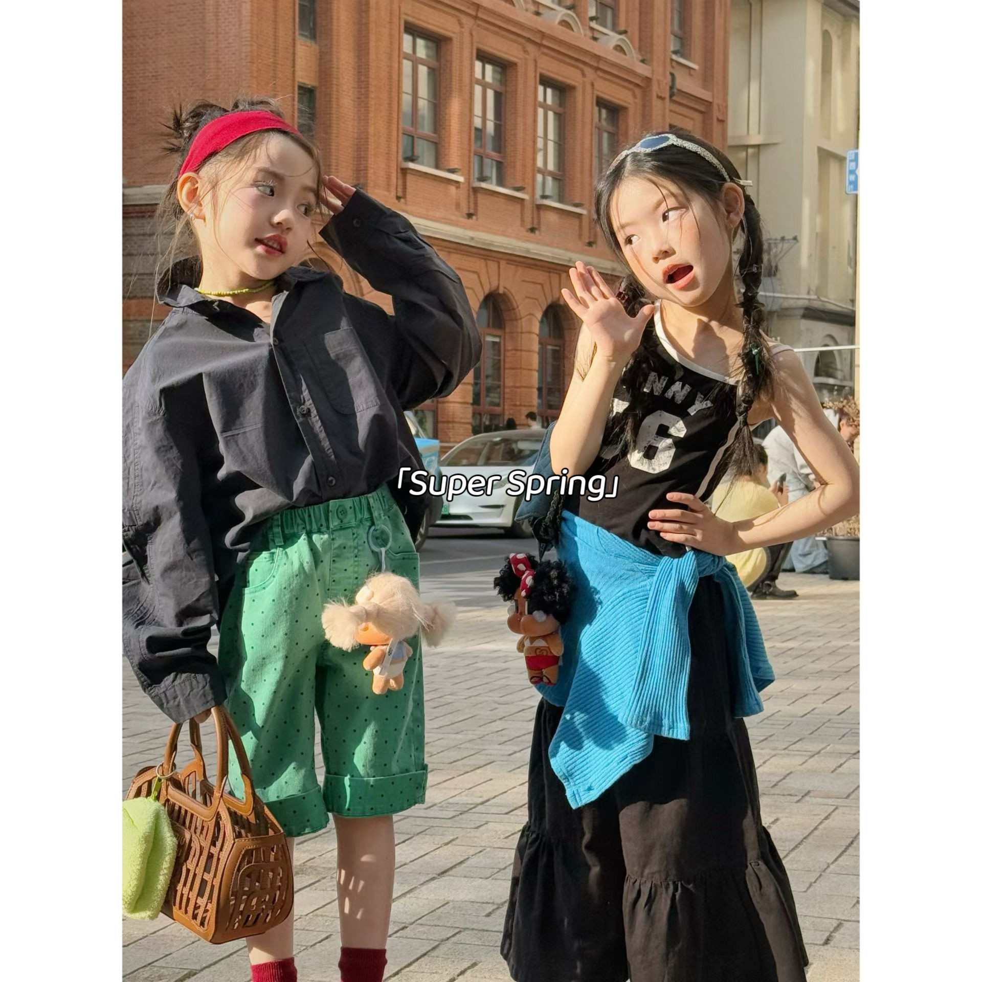 女童26春季新款韩版休闲长袖衬衫上衣撞色姐妹游玩穿搭套装网红款