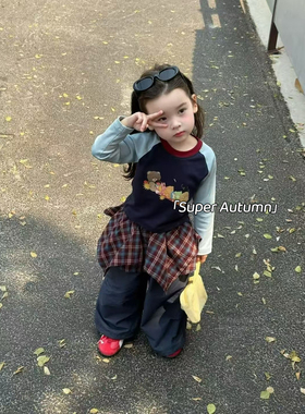 女童秋季新款韩版卡通小熊印花圆领长袖上衣拼色纯棉t打底p帘长裤