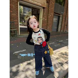 女童26秋季新款韩版卡通女孩印花圆领撞色上衣围裙休闲牛仔裤套装