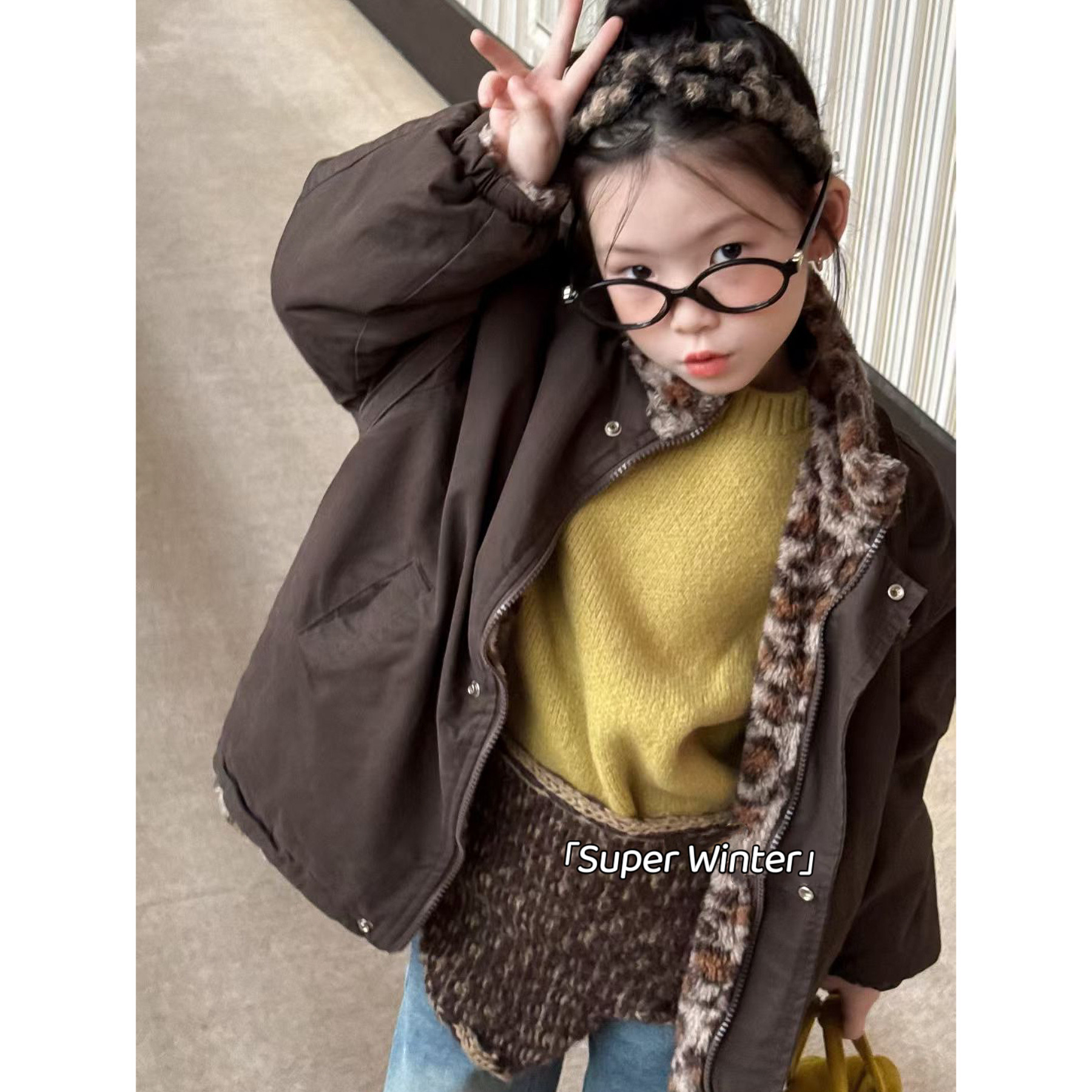 女童冬季韩版豹纹毛毛外套