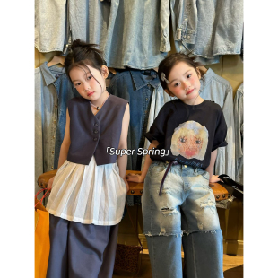 新款 两件套姐妹装 韩版 上衣破洞水洗牛仔裤 外穿 卡通短袖 女童26春季