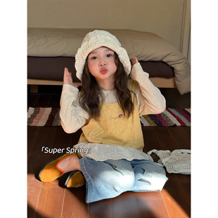 女童26春季新款韩版卡通背心上衣长袖两件套宽松纯棉韩系叠穿套装