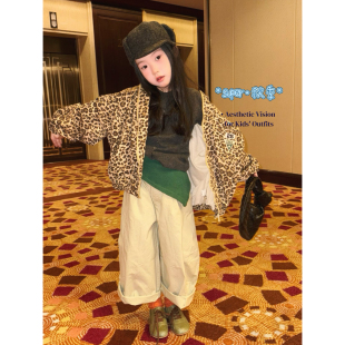 女童26秋季新款韩版时尚豹纹夹克外套上衣针织开衫打底休闲套装潮