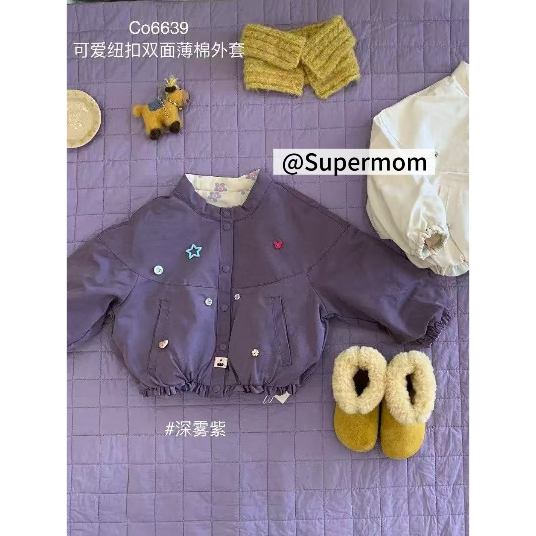 女童26冬季卡通扣双面薄棉外套