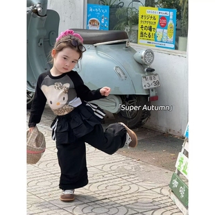 女童秋季新款韩版卡通猫圆领套头长袖T恤衫ins韩系豹纹上衣两件套