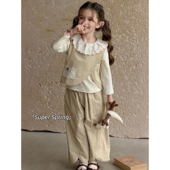 女童26春季 子两件套休闲中童 洋气提花翻领马甲背心上衣裤 新款 韩版
