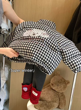 女童冬季韩版卡通加棉格子外套