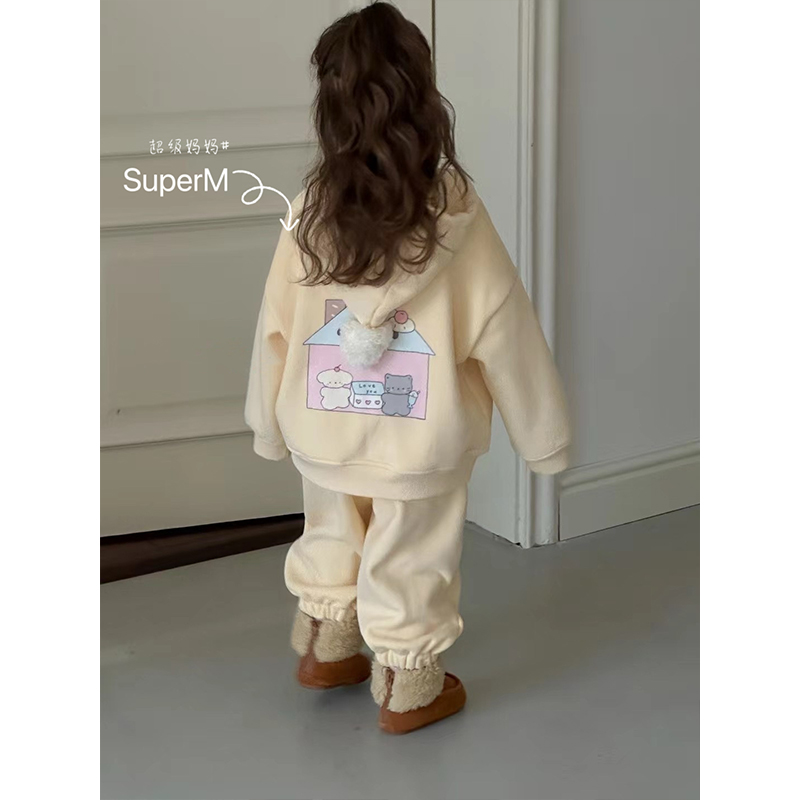 女童韩版卡通印花连帽卫衣套装