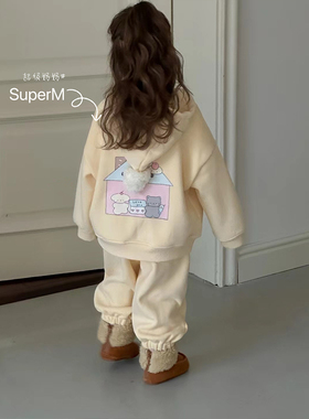 S uper家2024冬季新款女童韩版卡通印花连帽卫衣套装加绒加厚上衣