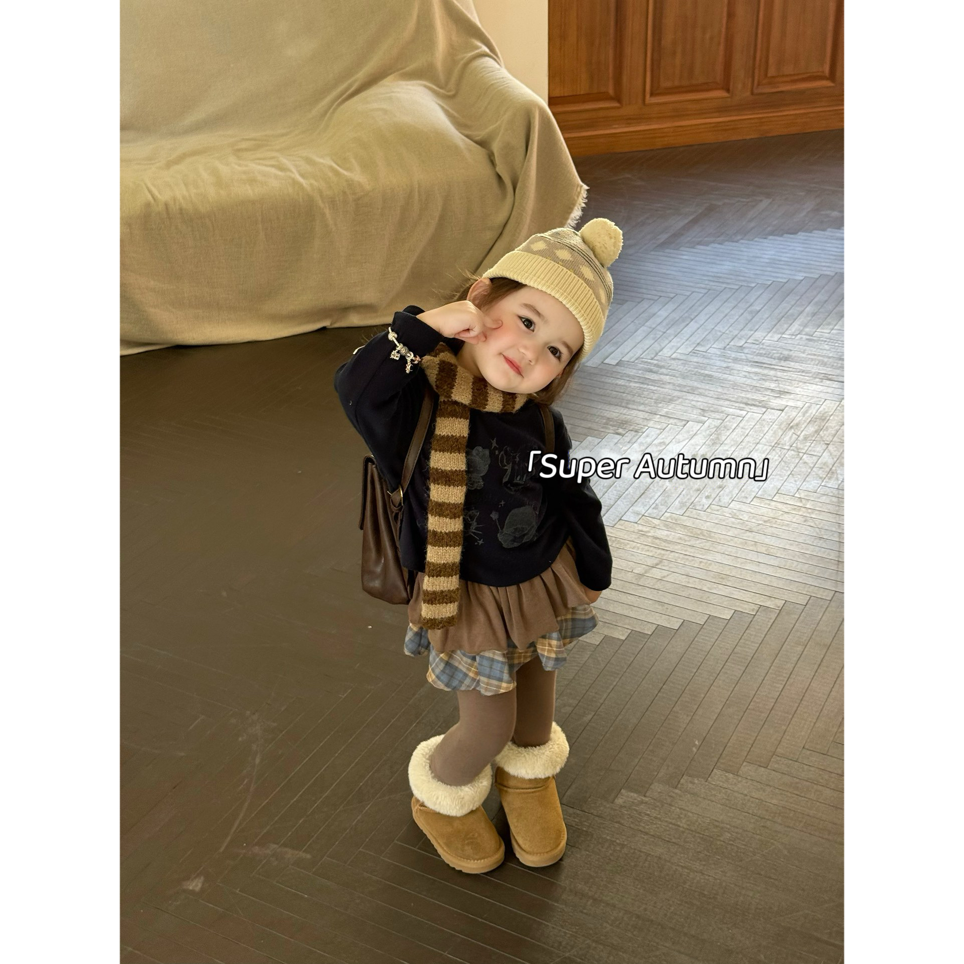 女童秋季新款韩版卡通印花套头打底衫格子屁帘打底裤两件套装时尚