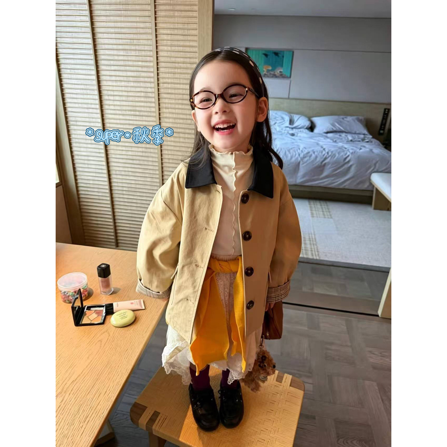 女童26秋季韩版中长款拼接袖风衣