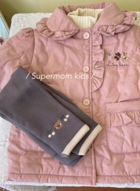 S uper家冬季新款韩版女童翻领花边刺绣中长款豆沙色棉服棉袄大衣