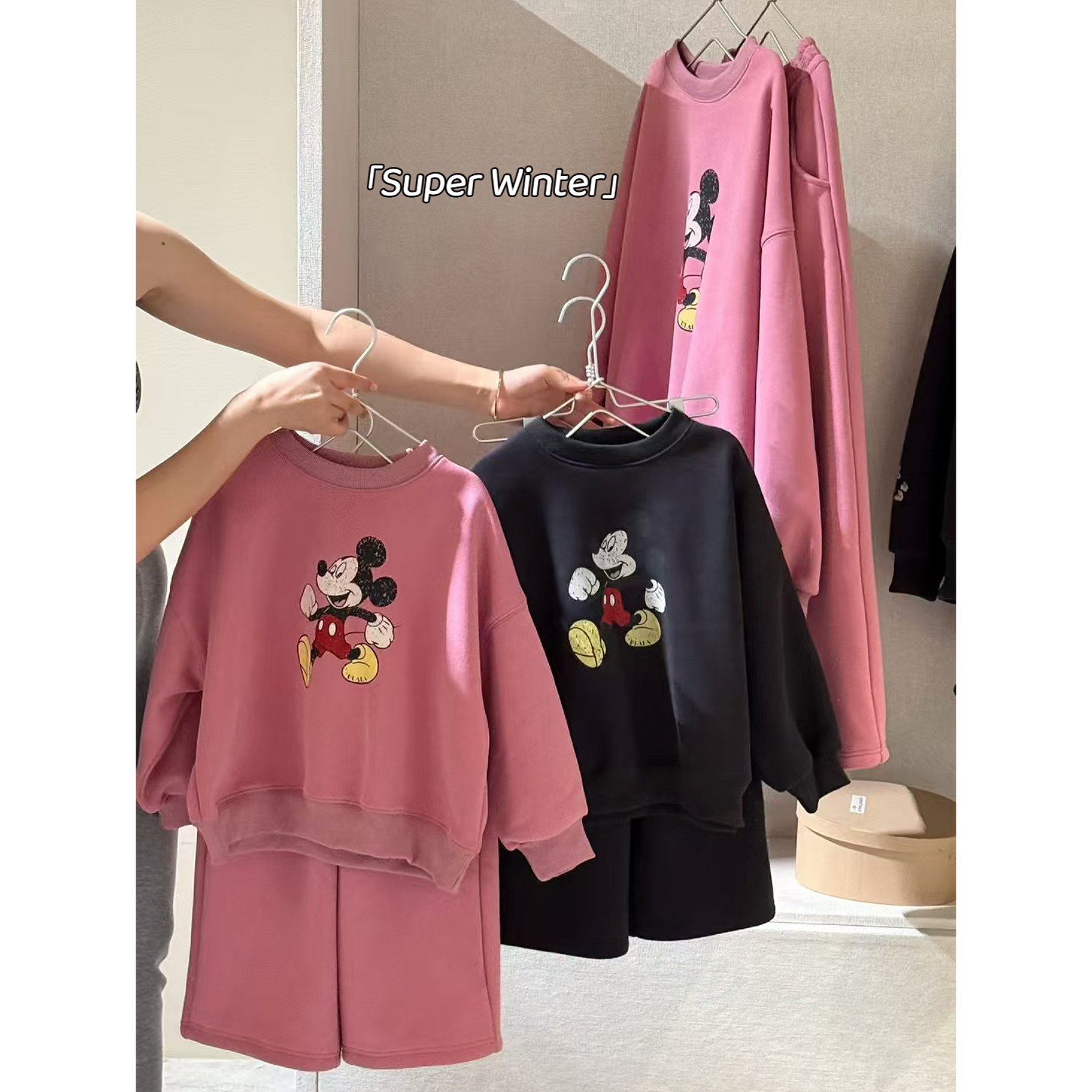 女童冬季新款韩版卡通米奇印花套头加绒卫衣套装加厚保暖两件套装