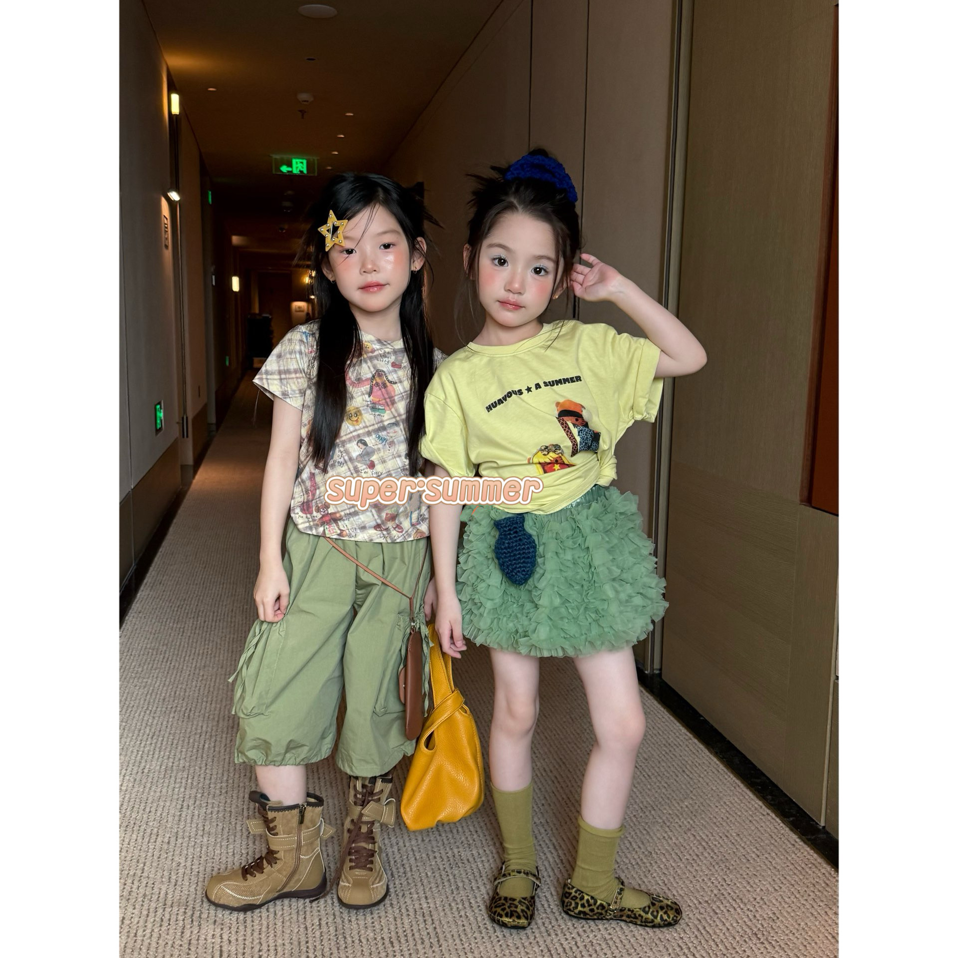 女童26夏季新款韩版卡通女孩印花短袖T恤网红款姐妹ins韩系网纱裙