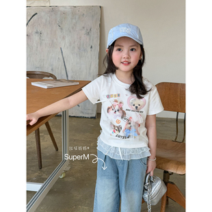 女童夏季新款韩版蝴蝶结卡通小狗圆领T恤上衣宽松isn百搭短袖打底