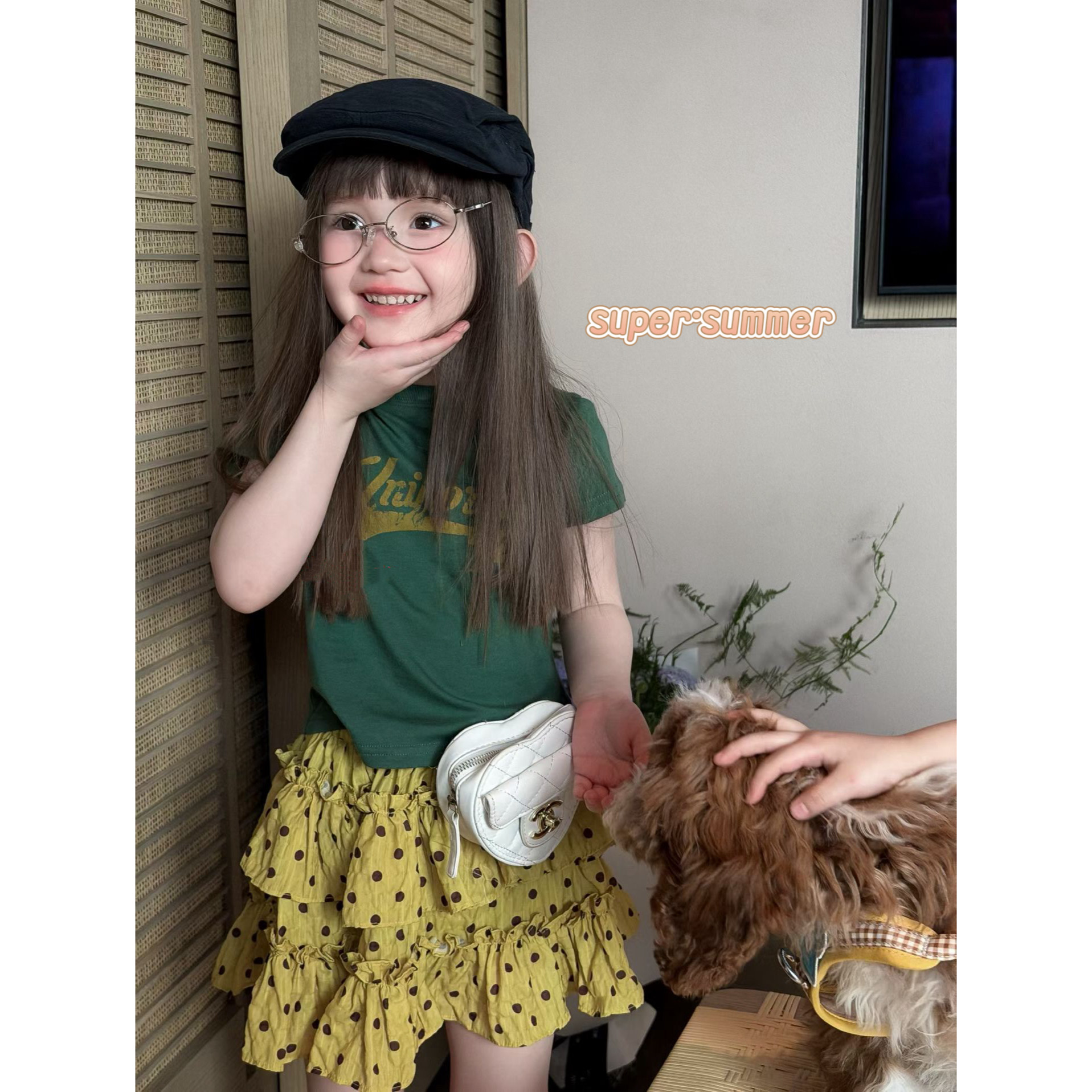 女童26夏季新款韩版简约字母t印花短袖T恤爆款波点网纱半裙两件套