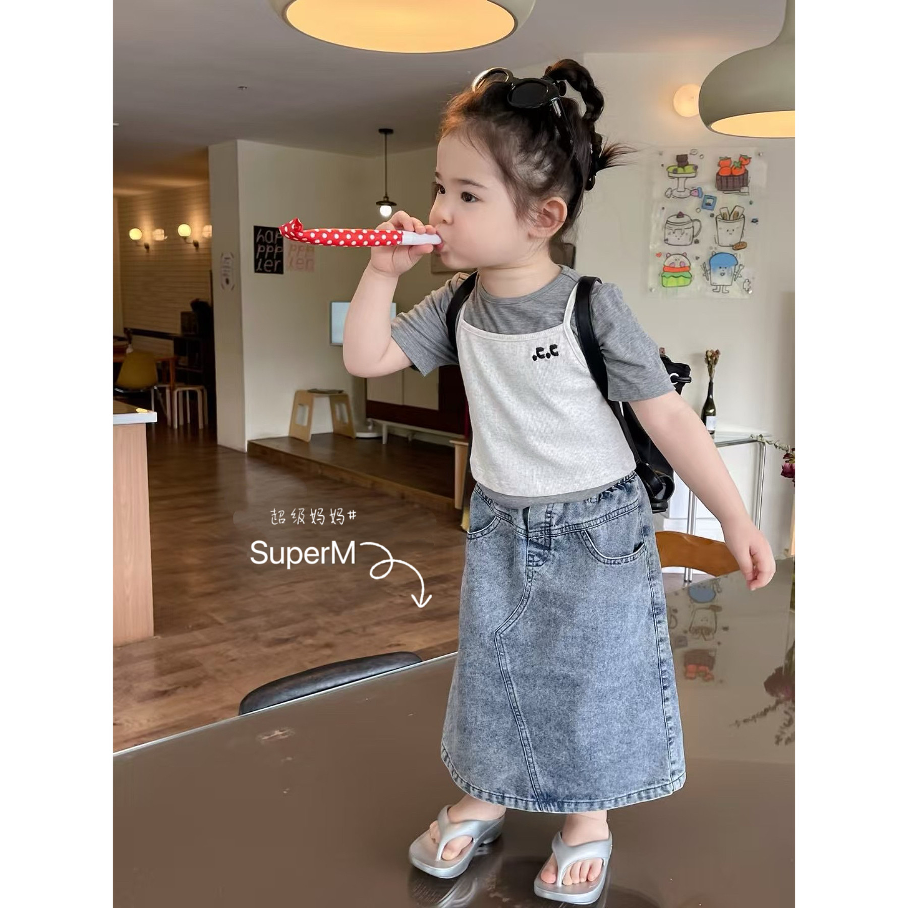 女童夏季新款韩版简约字母刺绣吊带上衣纯色短袖两件套雪花牛仔裙