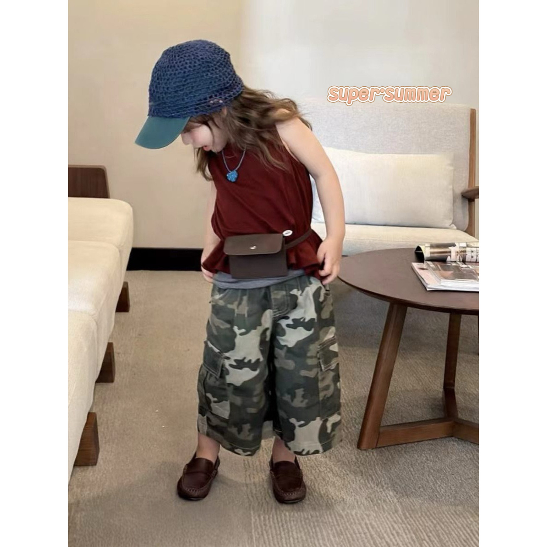 女童26夏季新款韩版洋气背心上衣迷彩休闲工装长裤两件套网红套装