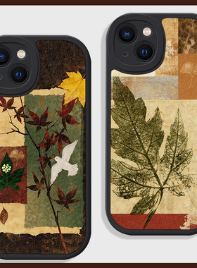 秋冬枫叶文艺复古拼贴适用苹果17air手机壳16promax小米15华为nova14硅胶mate70小羊皮p80荣耀防摔vivo潮oppo
