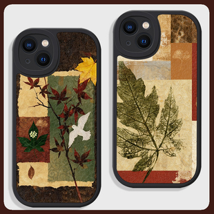 秋冬枫叶文艺复古拼贴适用苹果17air手机壳16promax小米15华为nova14硅胶mate70小羊皮p80荣耀防摔vivo潮oppo