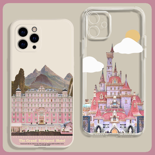 油画风粉色城堡大饭店手机壳少女