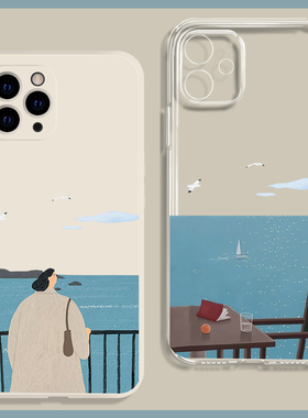 看海简约文艺蓝色适用苹果16promax手机壳15小米14华为nova13硅胶p70全包mate60透明oppo荣耀200情侣vivo一加