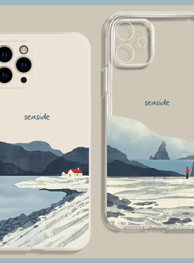 淡蓝ins风文艺简约海岸17适用16苹果15promax手机壳13小米14华为mate60硅胶P70全包nova12透明oppo荣耀潮vivo