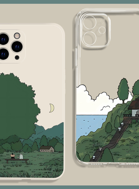 文艺复古清新绿色治愈兔子插画iphone15适用苹果14promax手机壳13全包12小米11华为mate50硅胶P60透明nova10