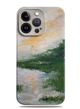 湖畔油画艺术绿色适用苹果16promax手机壳15小米14华为mate60菲林p70荣耀200小众ova13一加oppo全包vivo气质