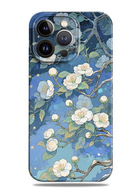 国风山茶花蓝色淡雅适用苹果16e手机壳15promax12小米13华为nova14菲林p70荣耀200艺术mate60一加oppo潮vivo
