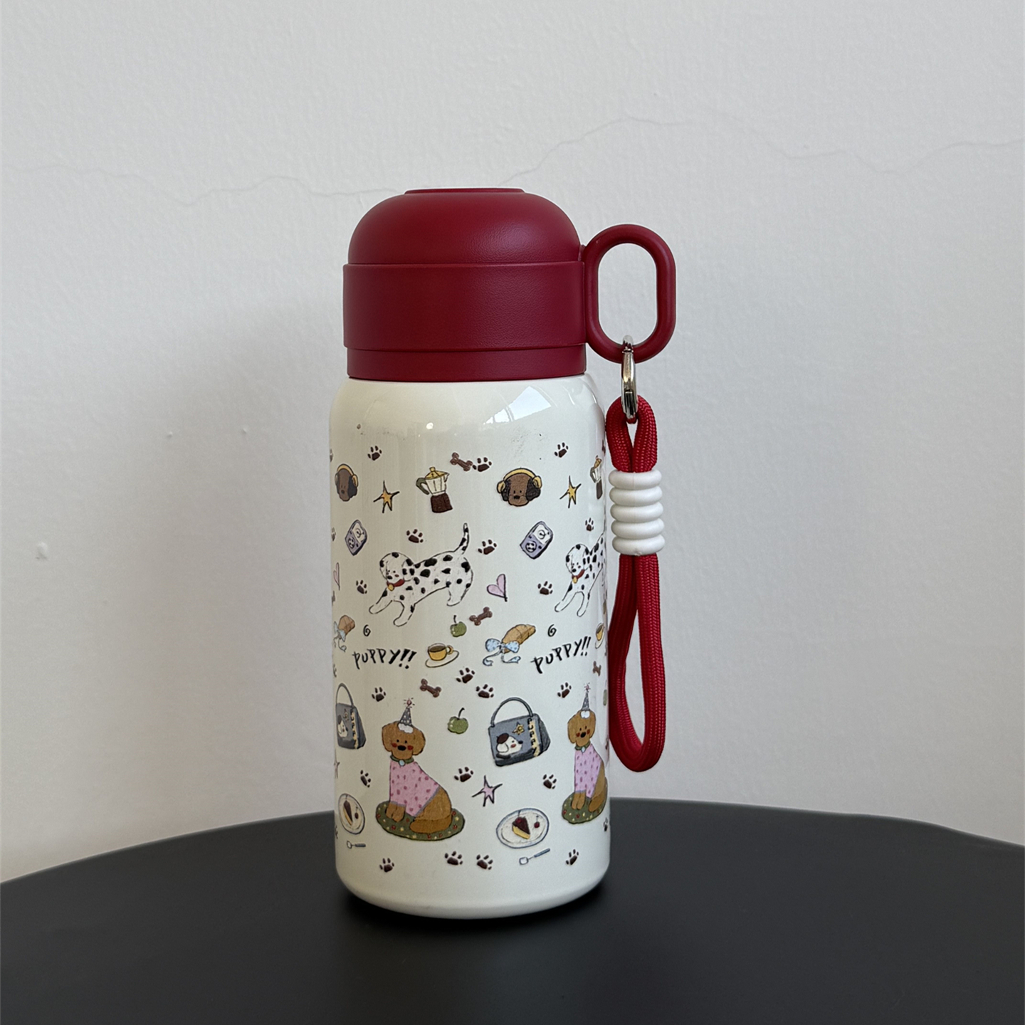 圣诞红复古童趣斑点狗高颜值316不锈钢便携双饮保温杯学生吸管杯