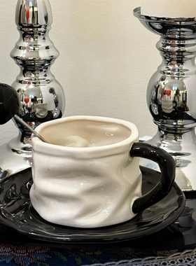 褶皱设计|高级感轻奢圆球黑色陶瓷咖啡杯碟下午茶生日礼物送勺子