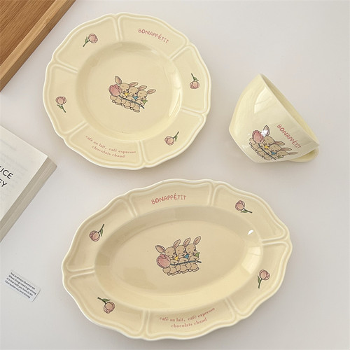 可爱兔兔奶油郁金香花边陶瓷餐具