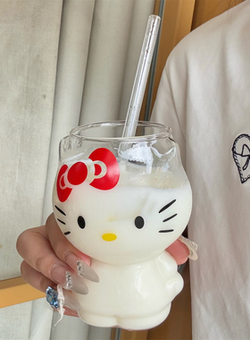 哈喽小猫|蝴蝶结少女心高颜值卡通造型玻璃水杯冷饮杯吸管果汁杯