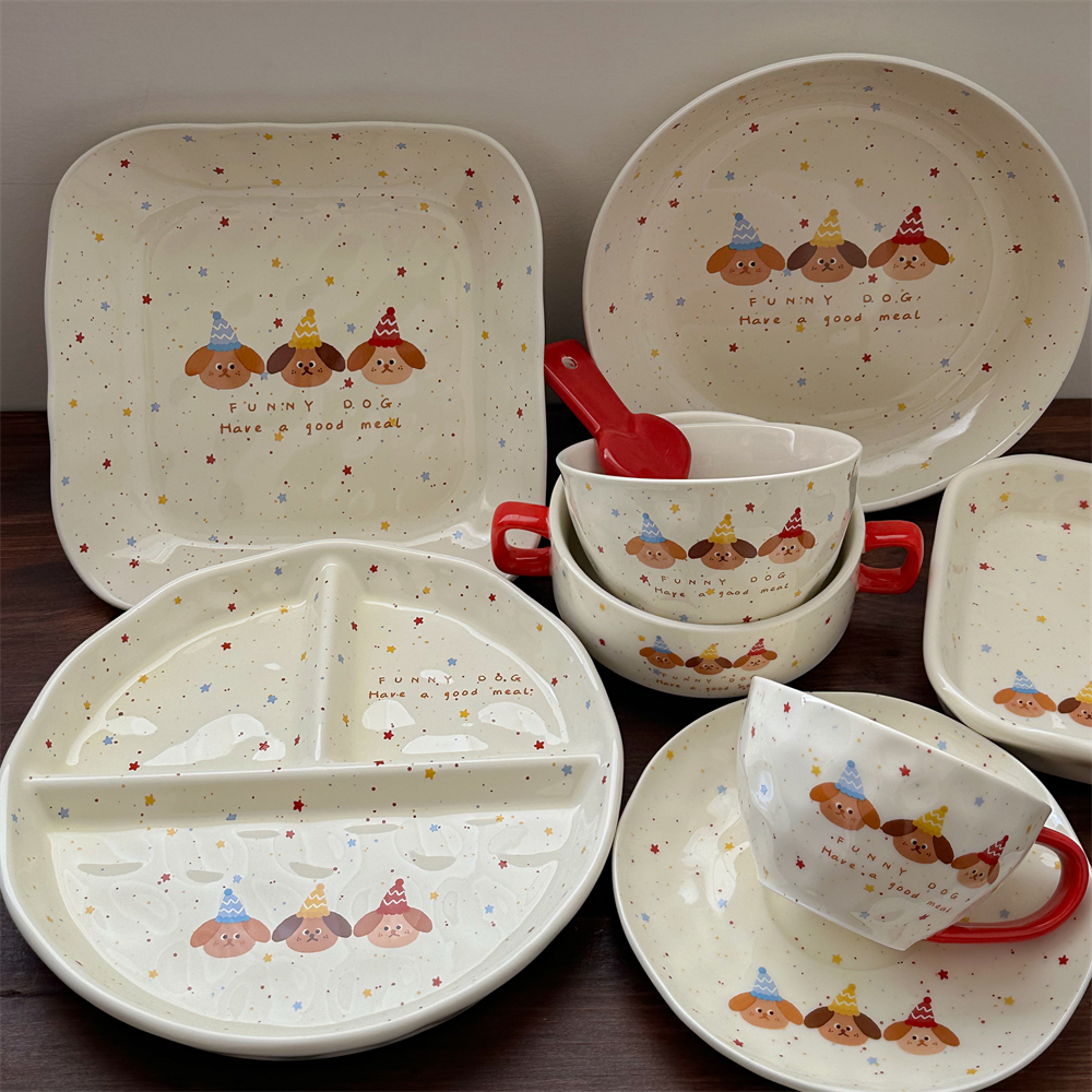 奶昔波点|韩式陶瓷餐具减脂分格餐盘家用菜盘米饭碗咖啡杯碟家用,餐饮具,盘,淘宝优惠券,粉丝福利购,淘宝优惠卷