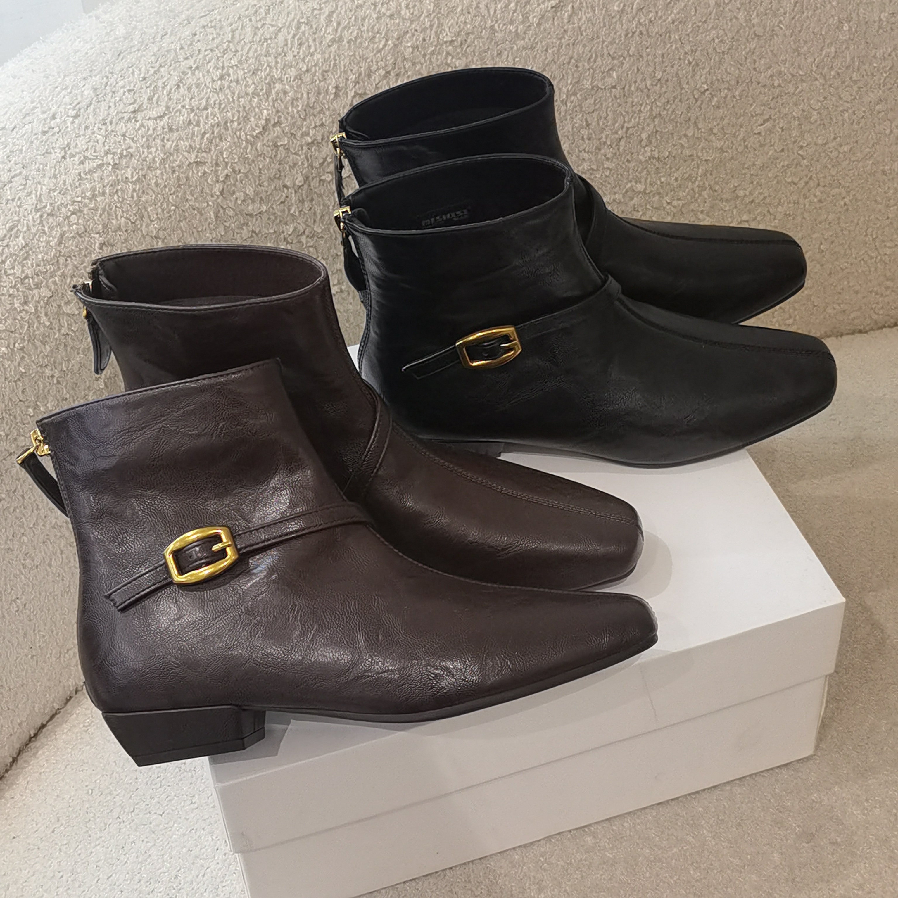 欧洲站加绒法式气质坡跟韩系小踝靴咖色瘦瘦靴洋气小短靴女8555