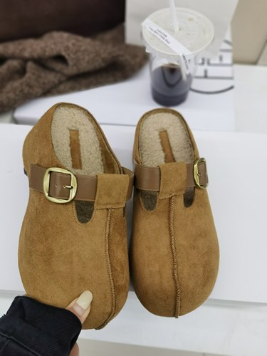 新款韩系复古真皮圆头高跟女冬季靴子百搭博肯鞋包头拖鞋3847