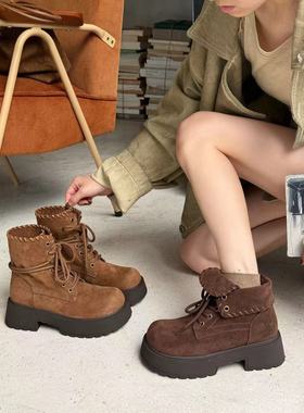 米诗思韩版厚底内增高马丁靴女冬季新款加绒翻边两穿短靴子女8237